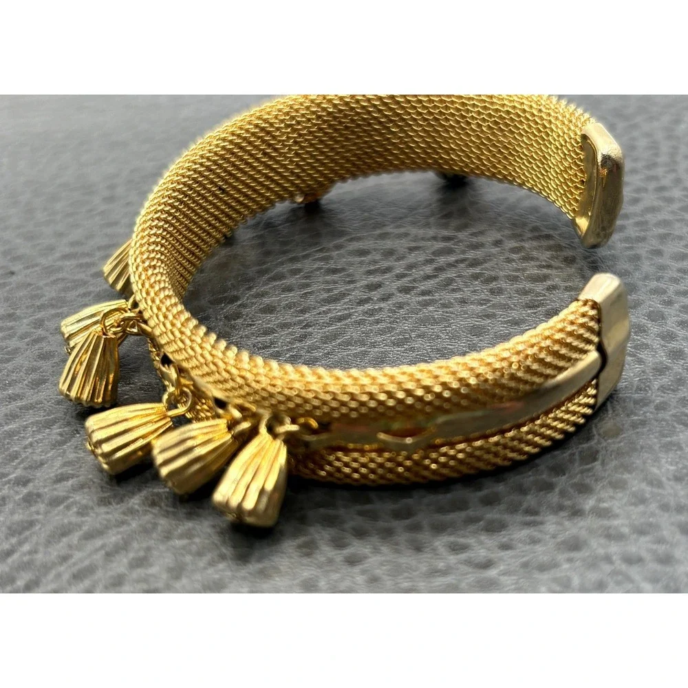 Vintage Mesh Bracelet Cuff Charm Dangle Cross Madonna Medal Gold Tone